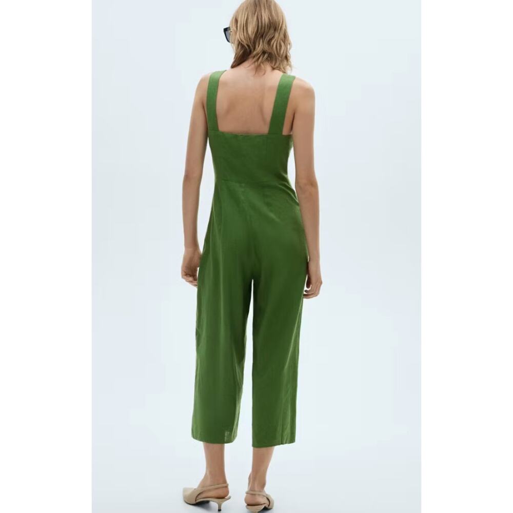NWT Mango Green Linen Jumper Jumpsuit Medium - Picture 3 of 6